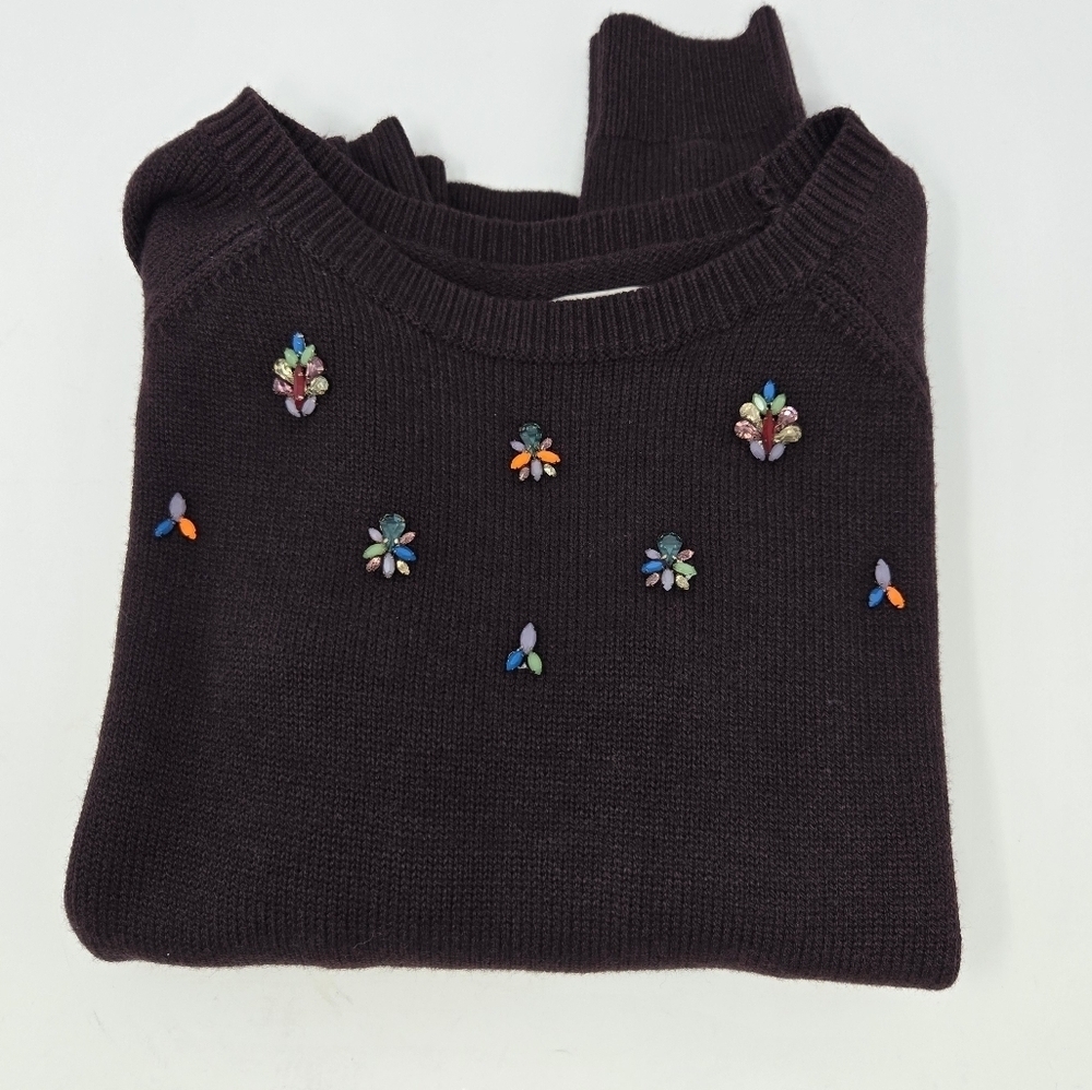 LOFT ANN TAYLOR PLUM PURPLE BEJEWELED SWEATER LONG SLEEVE WOMEN MEDIUM SPARKLE - Picture 11 of 12